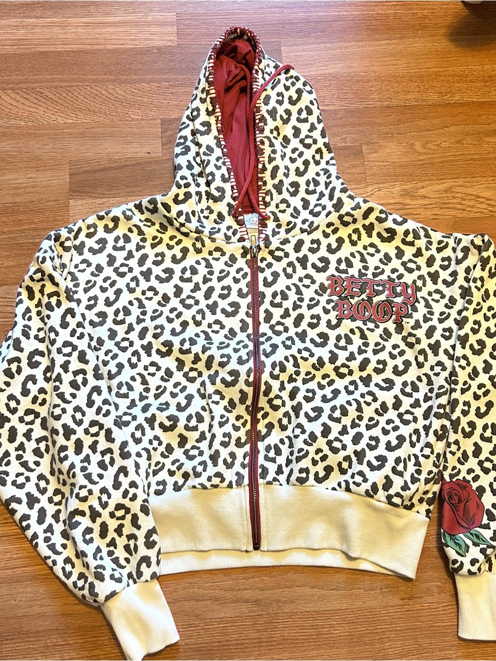 Betty Boop Girls' Leopard Print Zip Hoodie - Cream & Black with Red Accent.XL